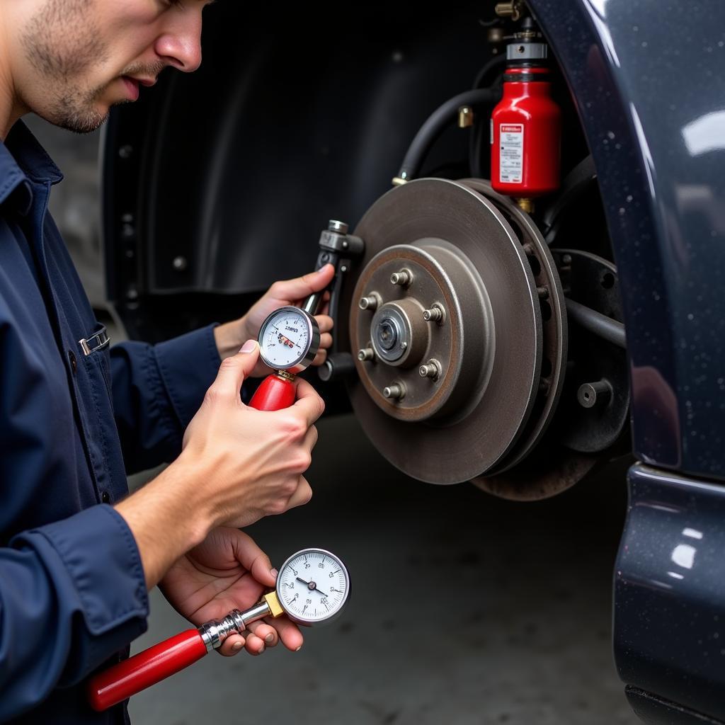 Mechanic Inspecting Brake System