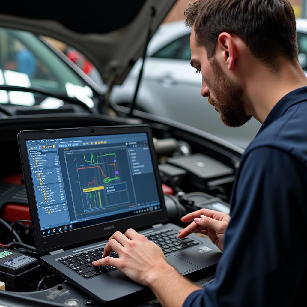 Mechanic Performing Remote Diagnostics on a Laptop