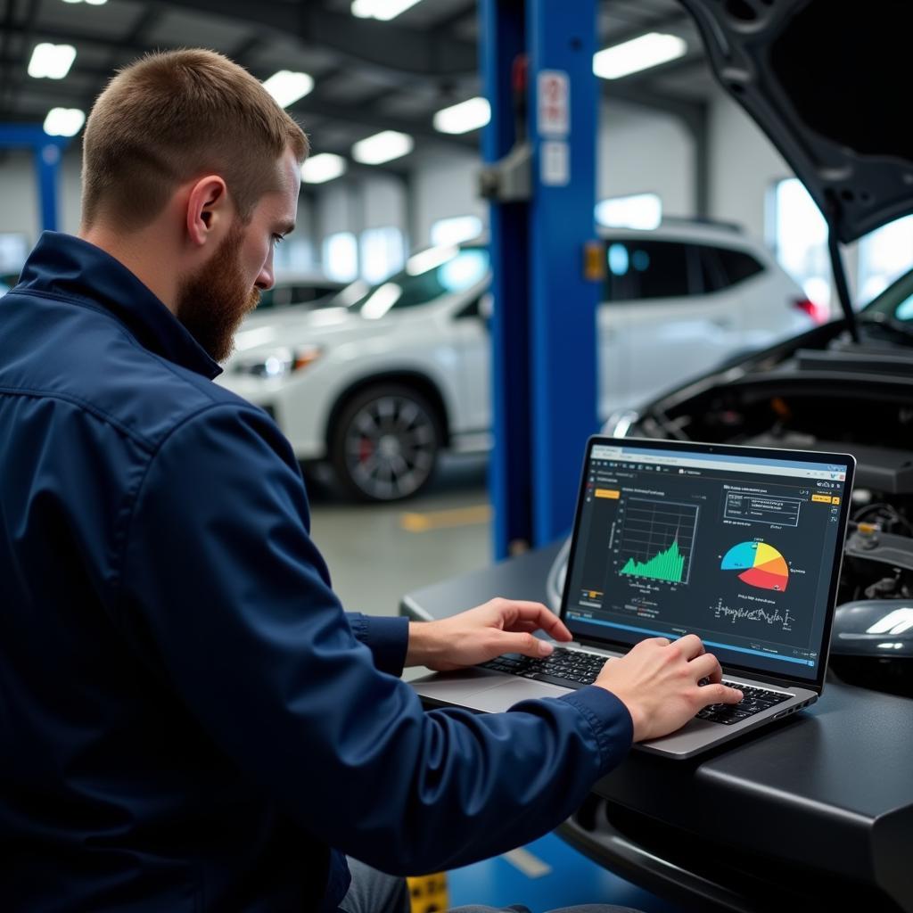 Mechanic Performing Remote Diagnostics on a Car