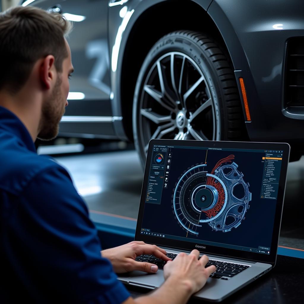 Technician performing remote diagnostics on a car's brake system