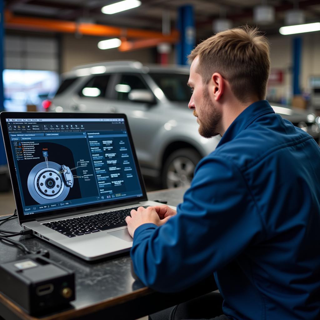 Mechanic using a laptop for remote diagnostics on a car