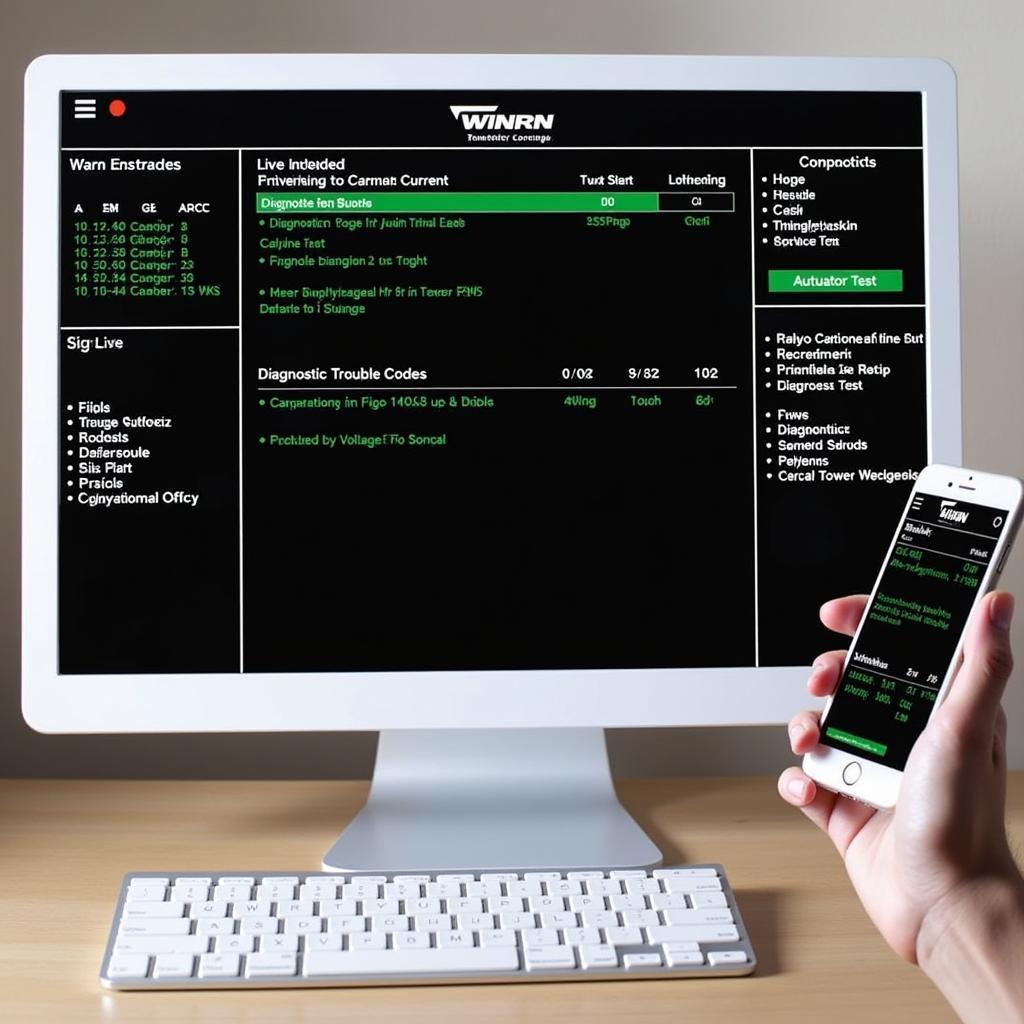 Technician using remote diagnostics software for a Warn winch