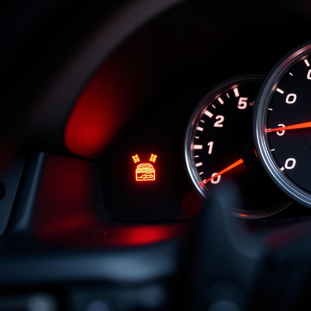 Car dashboard with illuminated seat belt warning light