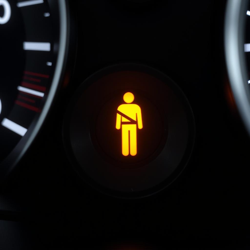 Yellow seat belt warning light illuminated on a car dashboard