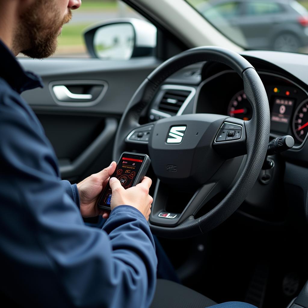 Mechanic Using a Diagnostic Scanner on a Seat Ibiza