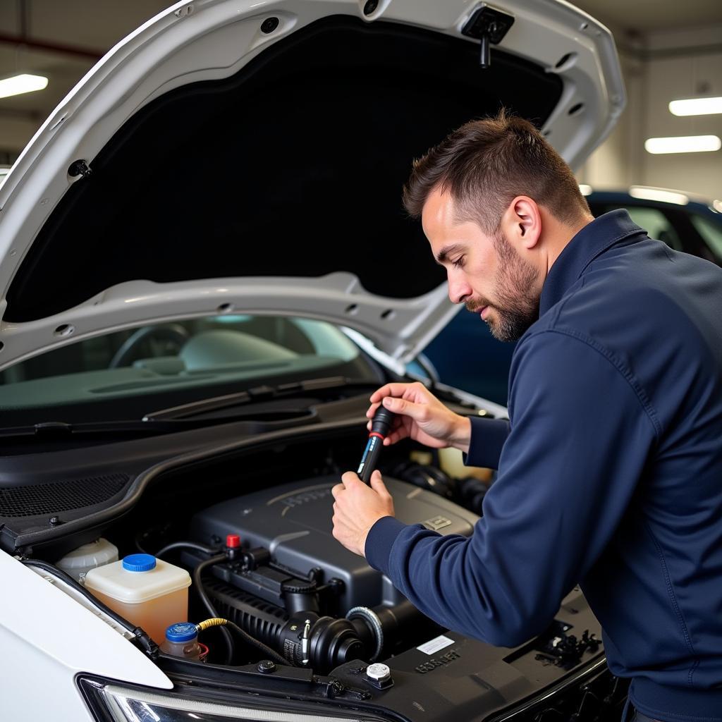 Mechanic Inspecting the Engine Bay of a Seat Ibiza