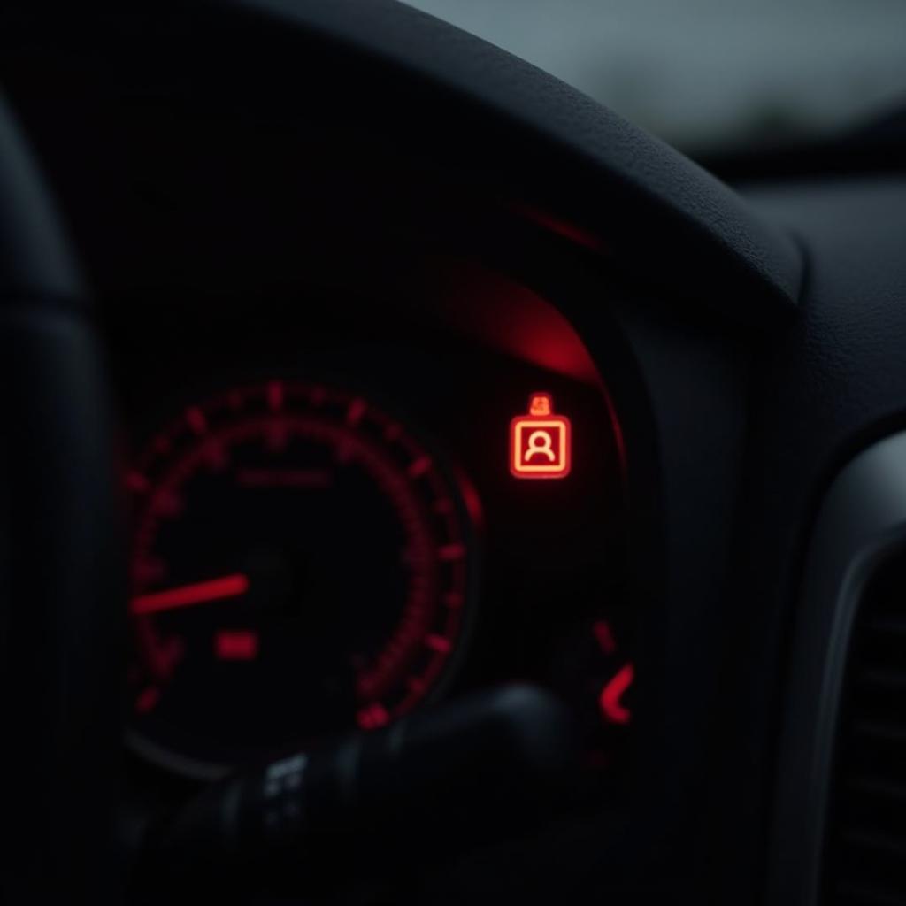 Car dashboard with illuminated seatbelt warning light