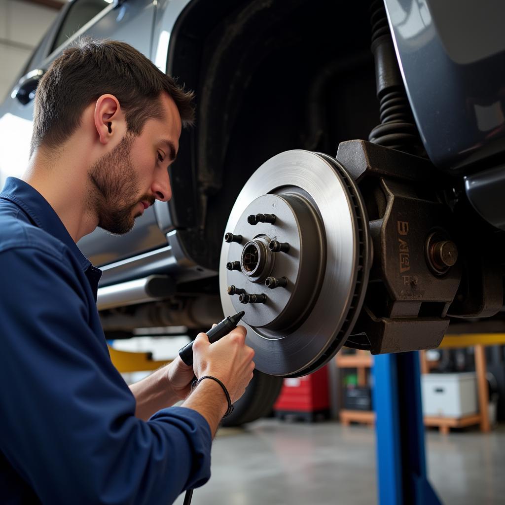 Mechanic inspecting the braking system of a Silverado Sierra