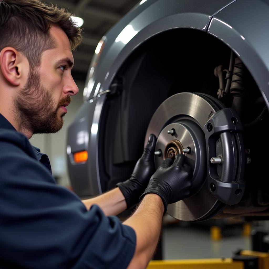 Mechanic Inspecting a Subaru Brake System