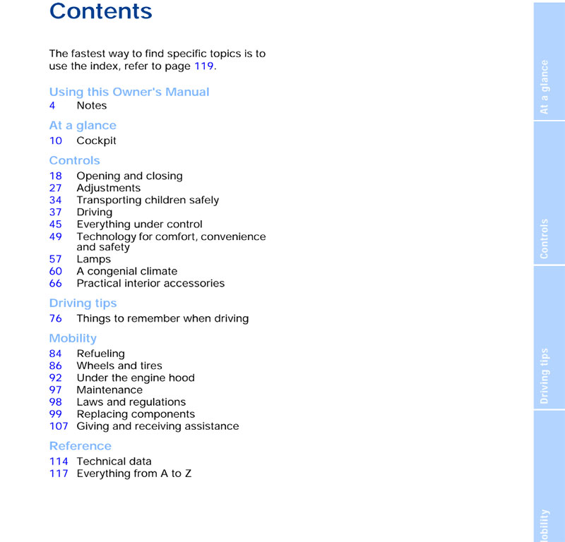 Table of content of BMW X3 Owner’s Manual PDF