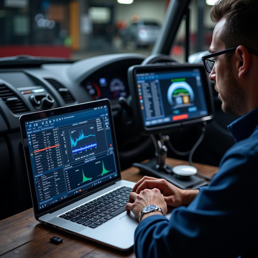 Technician using a laptop to perform remote diagnostics on a vehicle