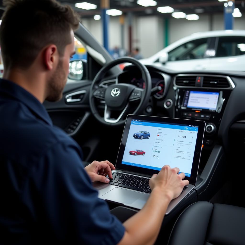 Technician Performing Remote Diagnostics on Car Seat Sensor