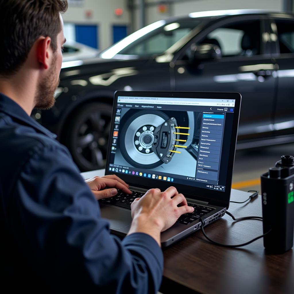 Technician using a laptop to perform remote diagnostics on a Volvo S60