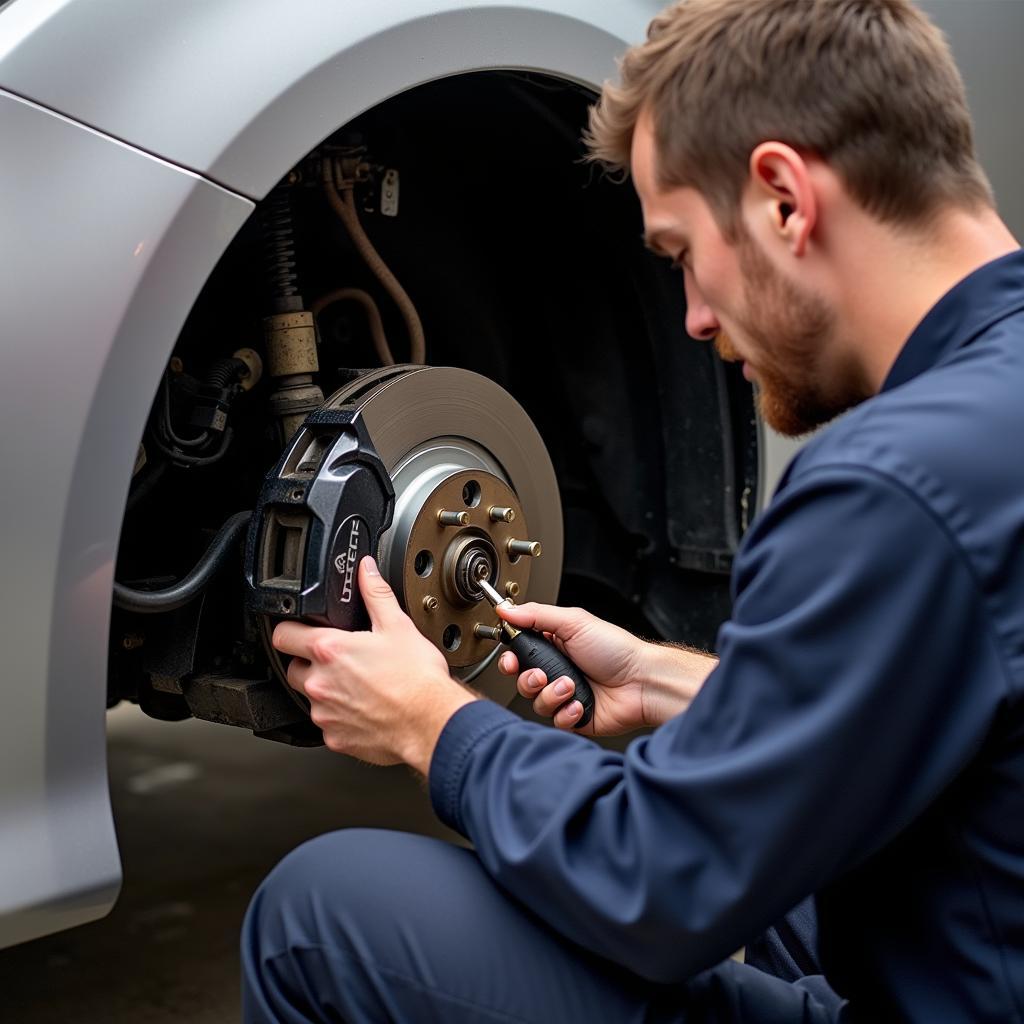 Mechanic Inspecting Brakes on a Toyota Sienna