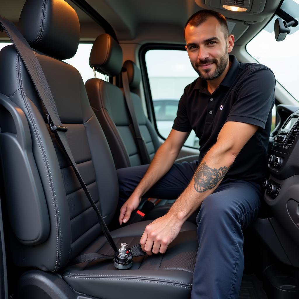 Technician Repairing Seat Belt System in Ford Transit Custom