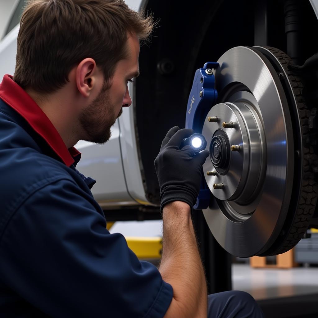 Mechanic inspecting Vauxhall Zafira brake pads