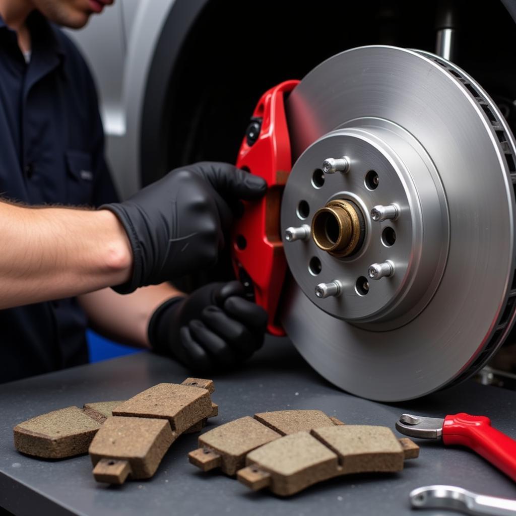 Mechanic Replacing VW Golf Brake Pads