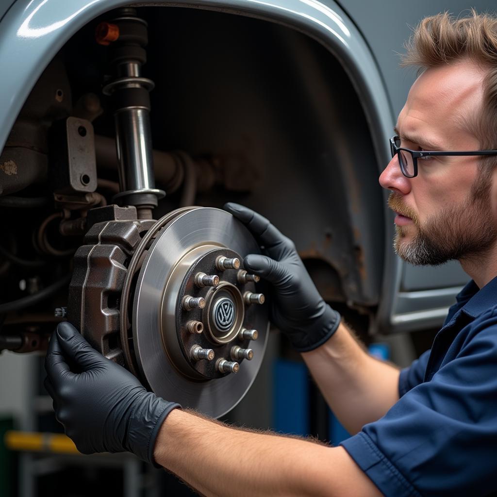 Mechanic Inspecting VW T4 Brake System