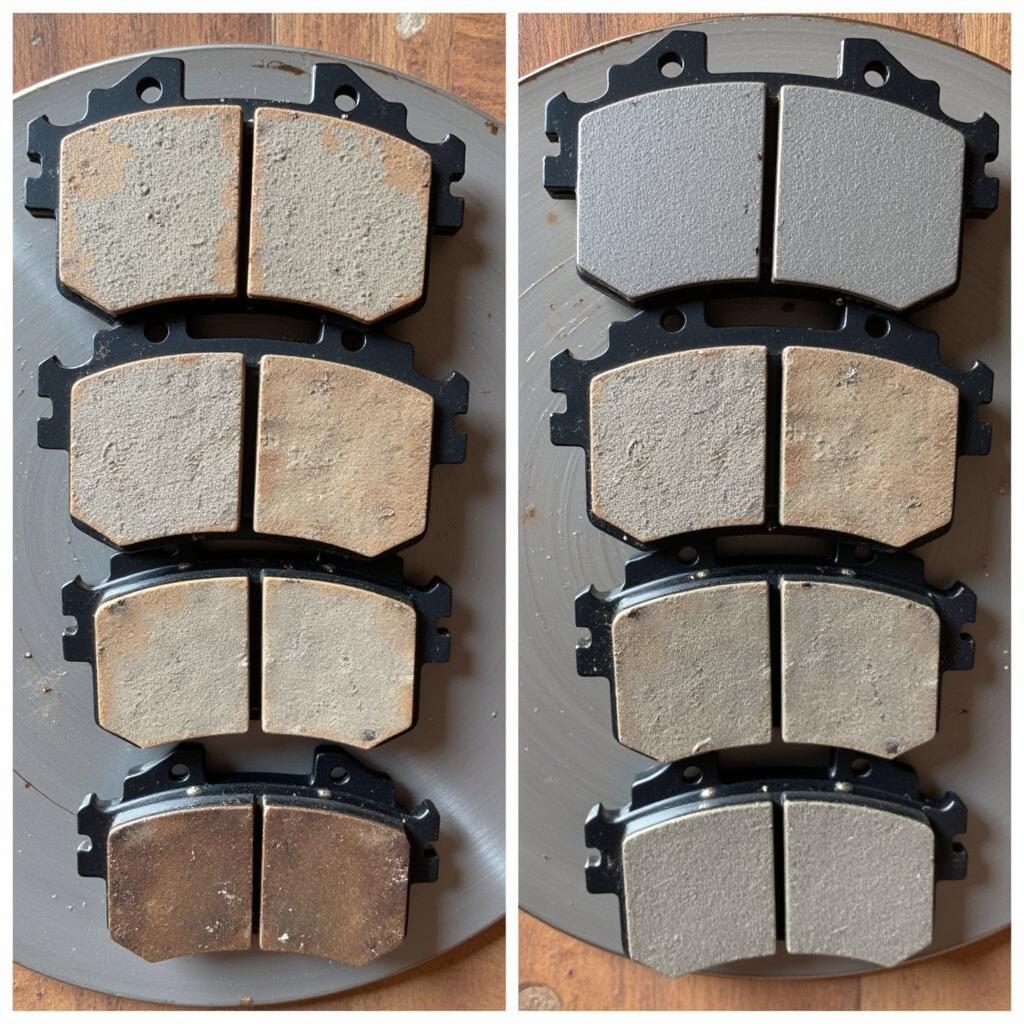 Comparison of worn brake pads with new brake pads