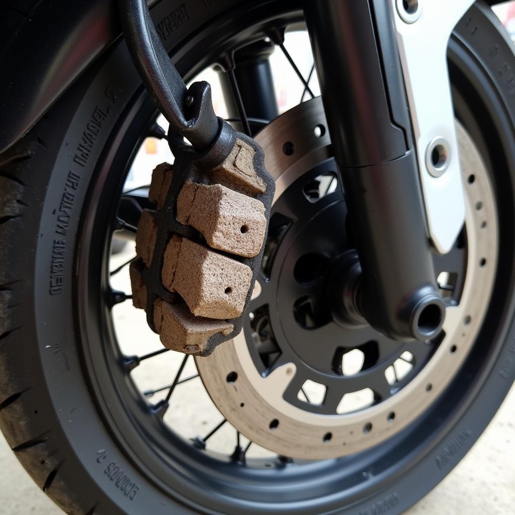 Worn Brake Pads on a BMW R1200GS Motorcycle