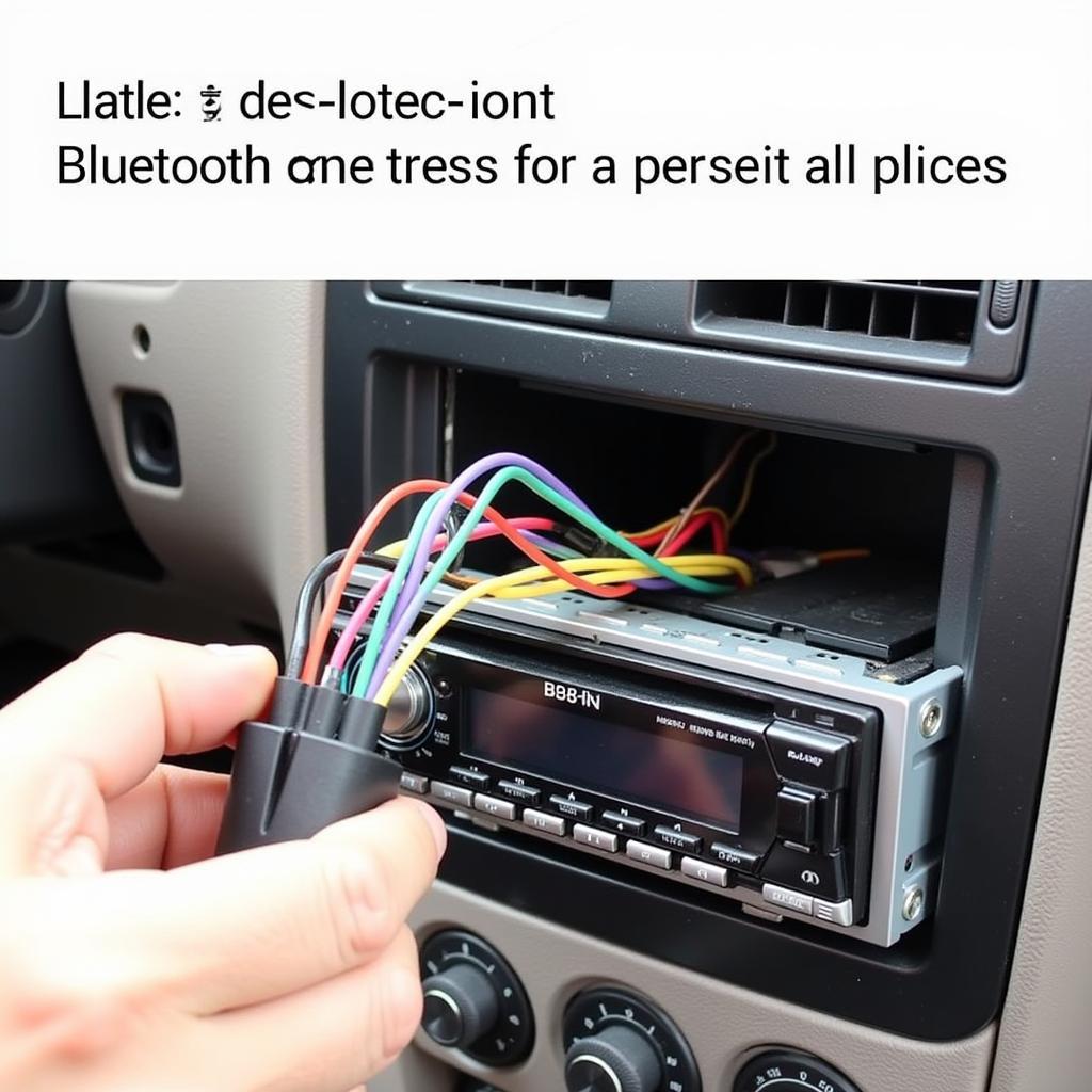 Installing a Bluetooth car stereo, showing the wiring harness connection and the new head unit being inserted into the dashboard.