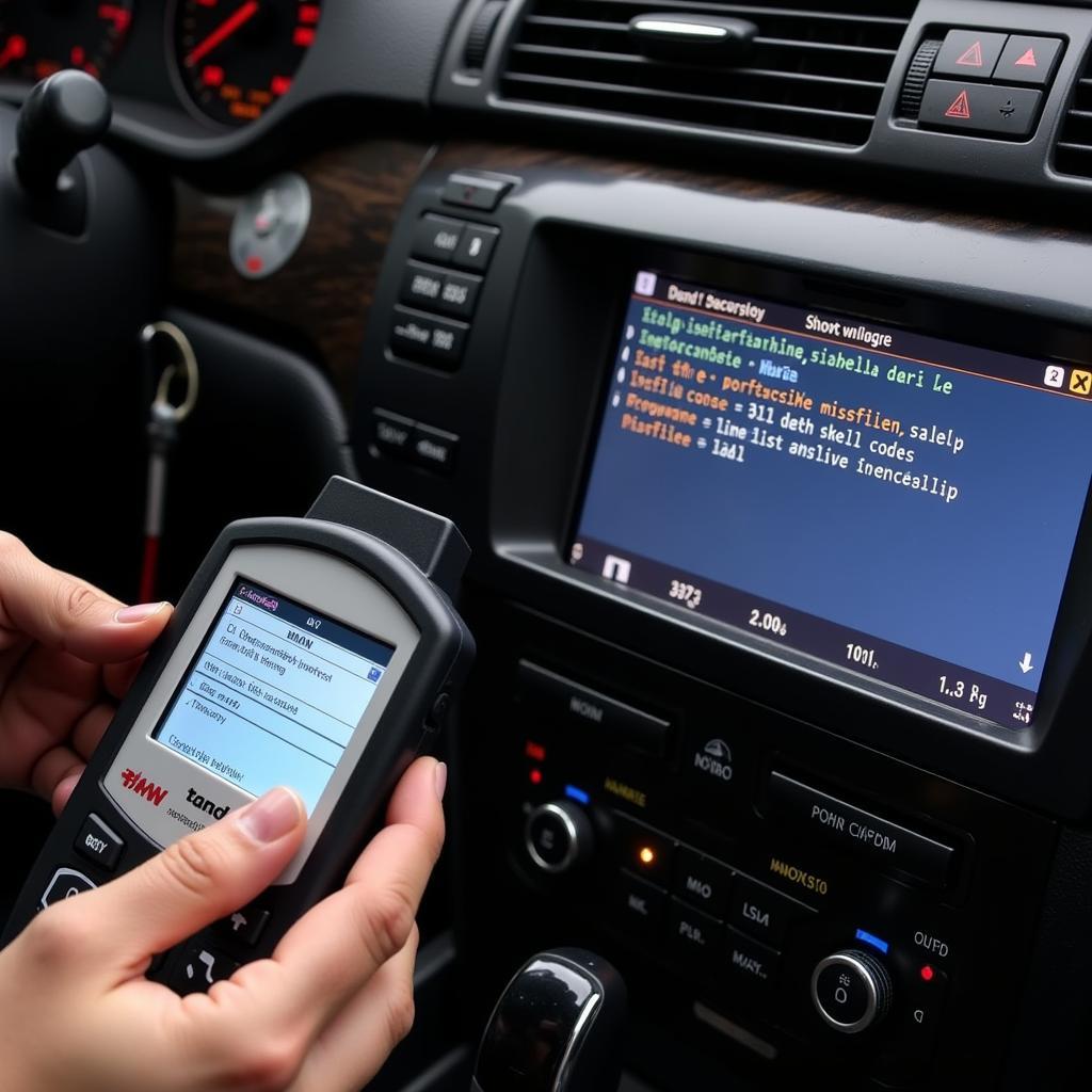 Mechanic using an OBD-II scanner to diagnose a 2007 BMW X5 showing diagnostic codes.