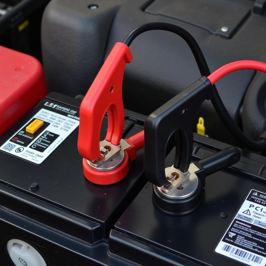 Charging a dead car battery with a battery charger.