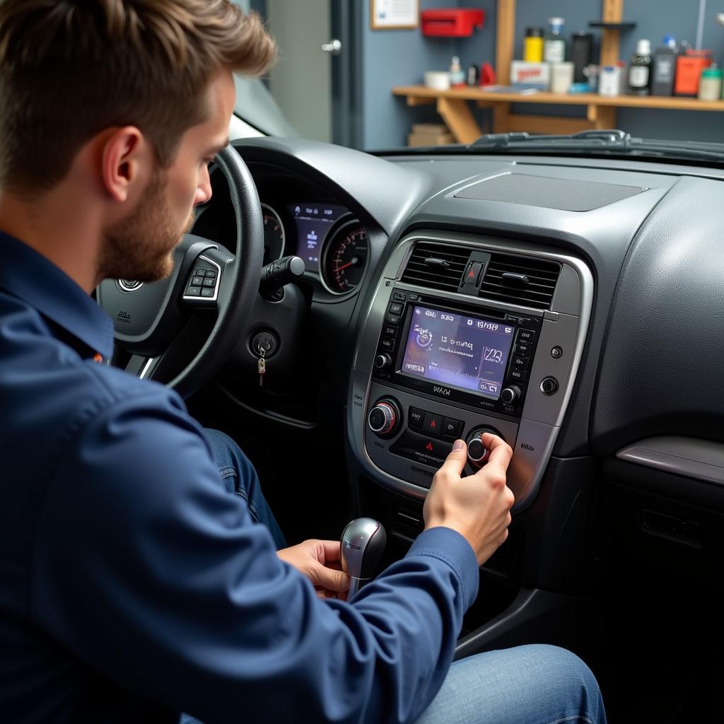 Car radio installation process at an independent car audio shop