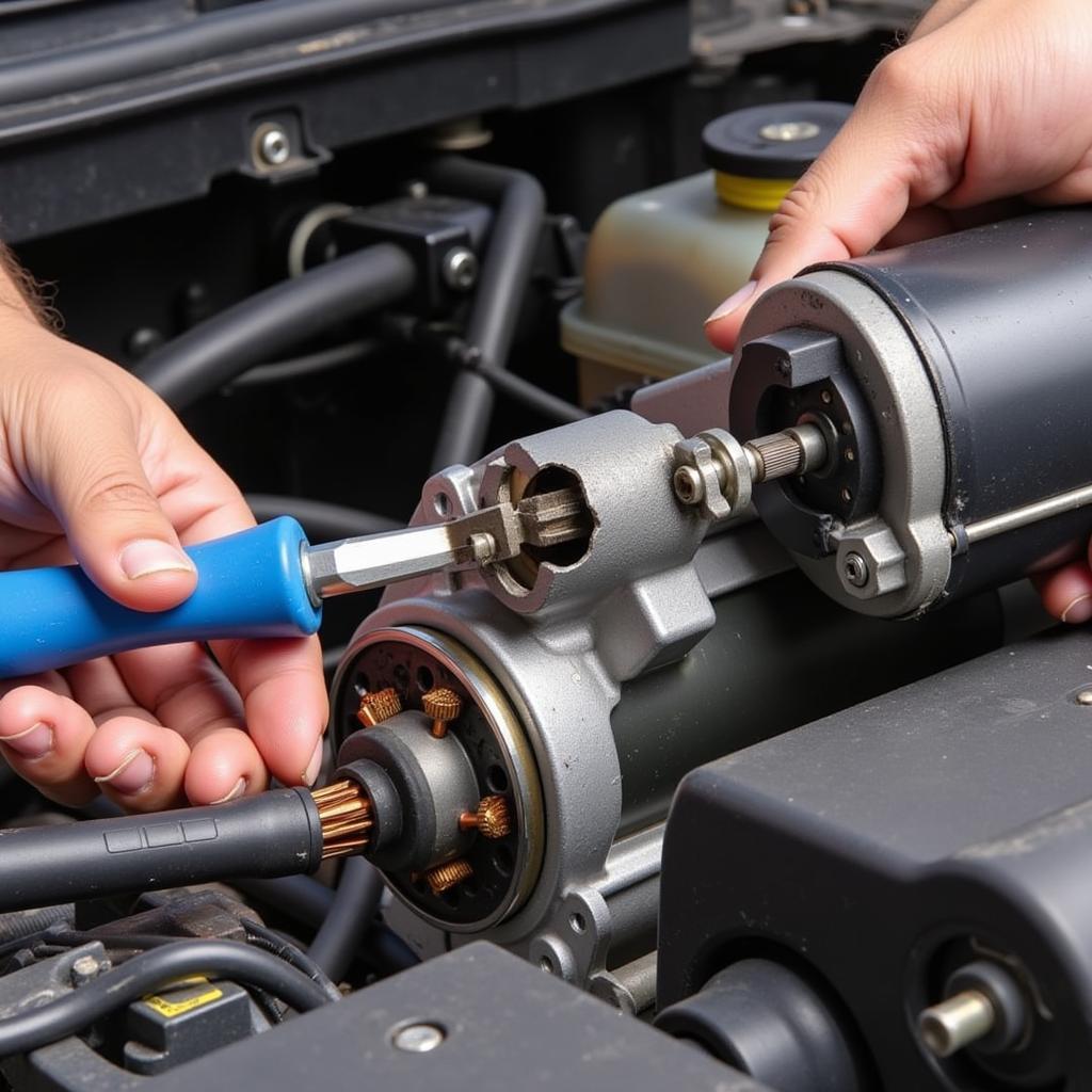 Inspecting a car starter motor for damage