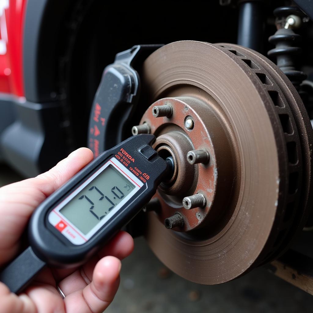 Mechanic Checking Brake Pad Thickness on Honda CRV