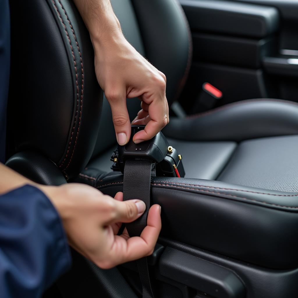 Mechanic Checking Seat Belt Buckle and Wiring Under Car Seat