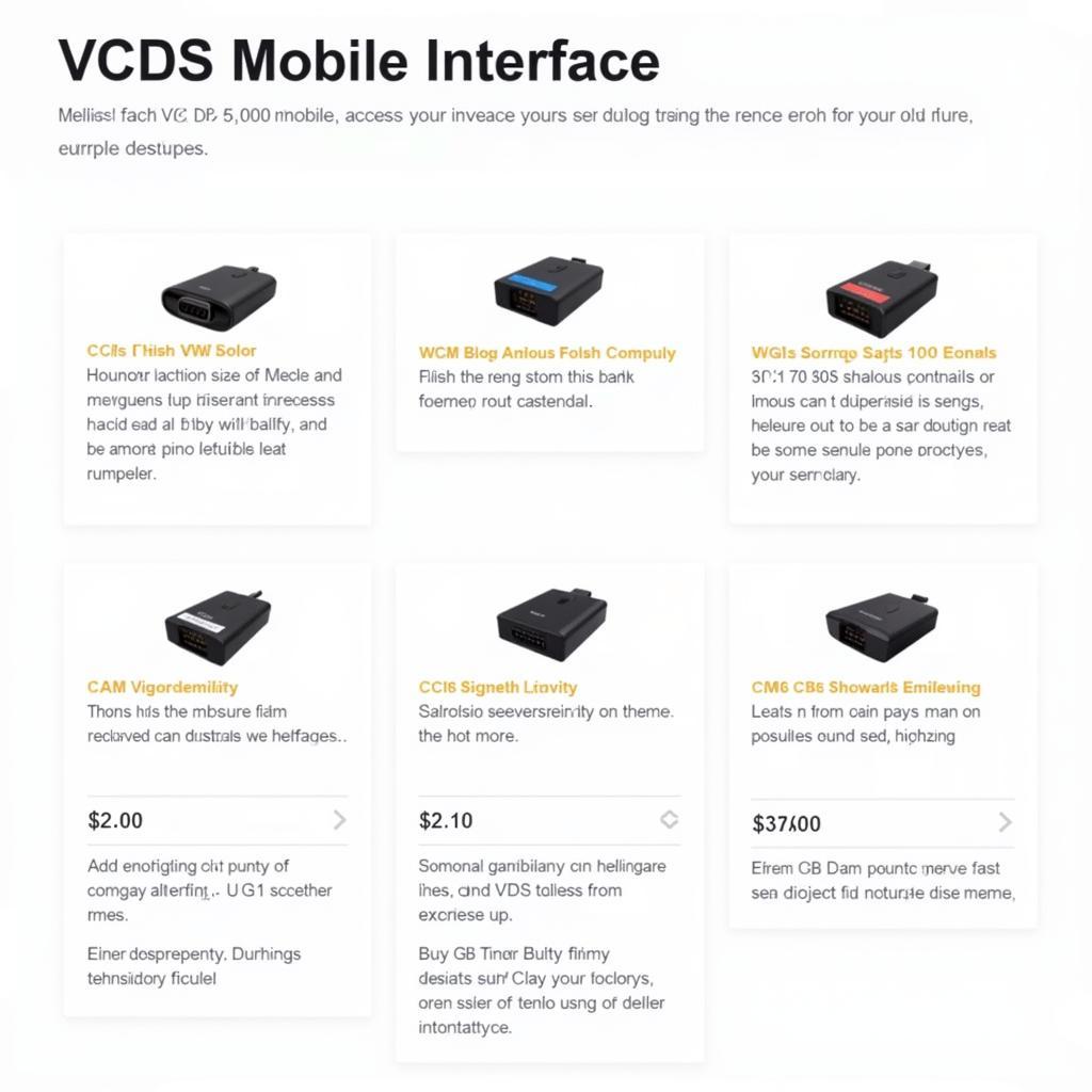 Different VCDS mobile interfaces displayed with their features and prices