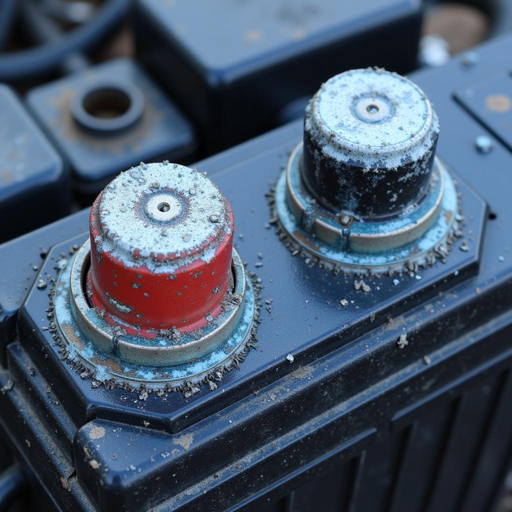 Corroded car battery terminals close-up