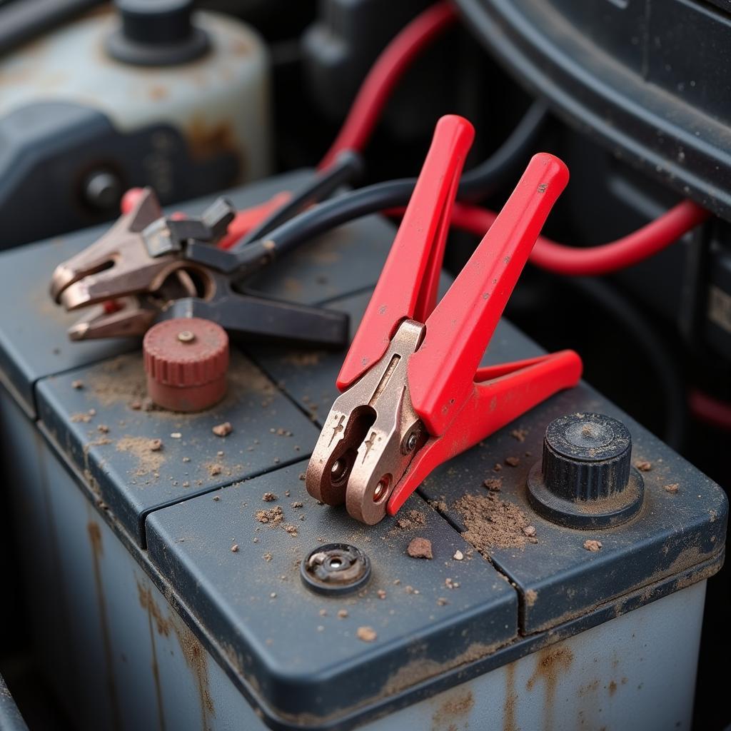 Dead Car Battery with Jumper Cables