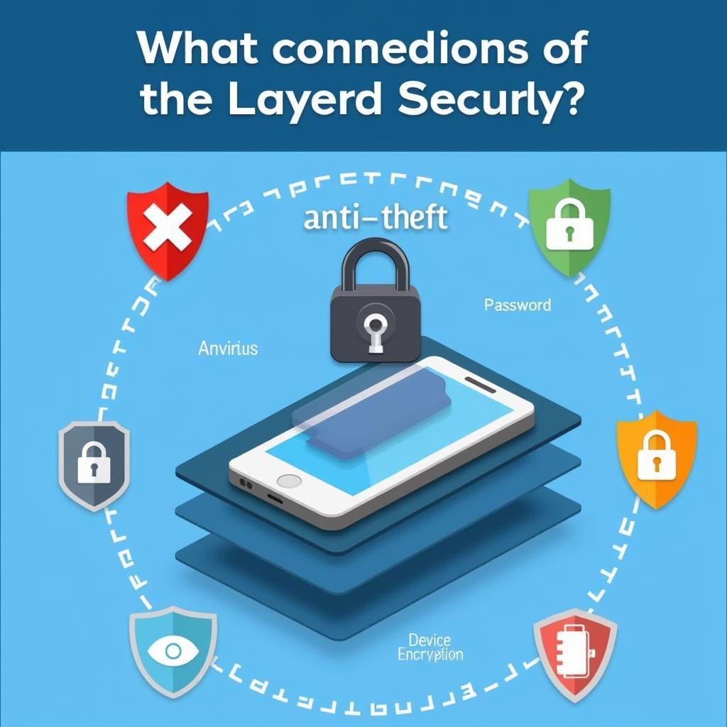 Device Security Layers: A graphic depicts layers of security surrounding a smartphone, including antivirus, anti-theft, password protection, and device encryption.