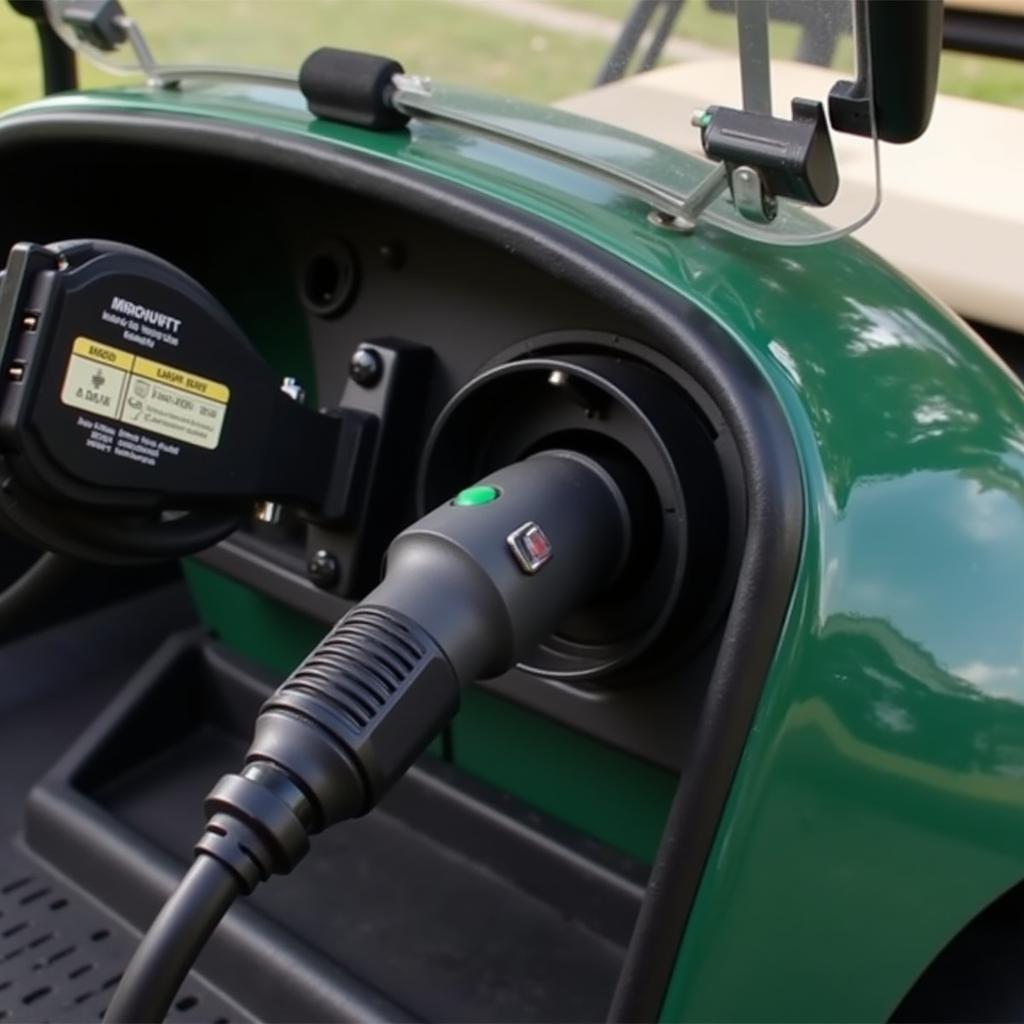 Golf Cart Charger Not Working: A close-up of a golf cart charger plugged into a golf cart's charging port, but the charging indicator light is off.