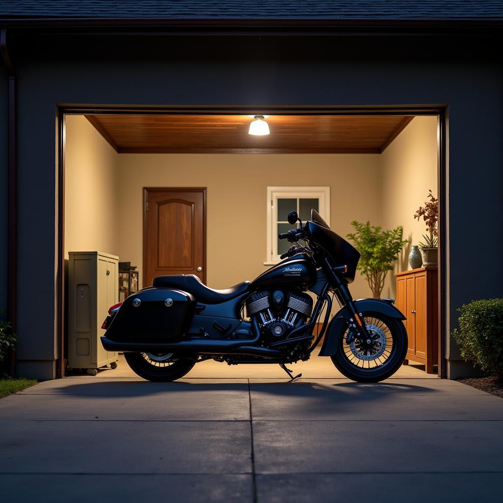 Indian Bobber Parked Securely in a Garage