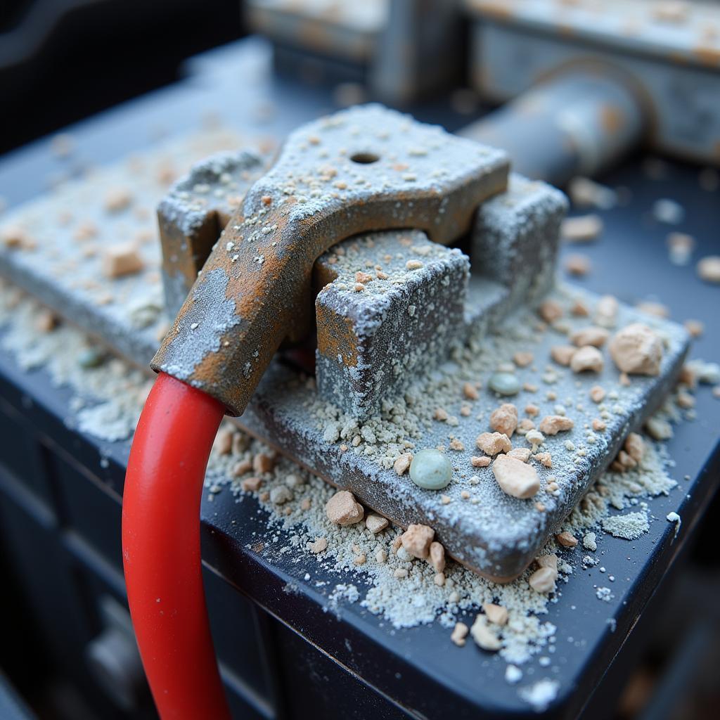 Close-up of corroded positive battery terminal