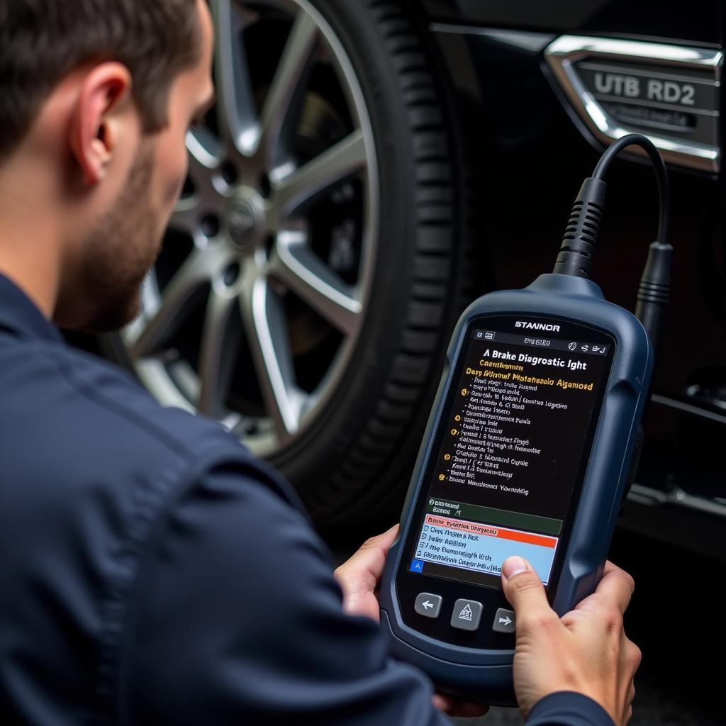 Mechanic Diagnosing Brake System with Scanner