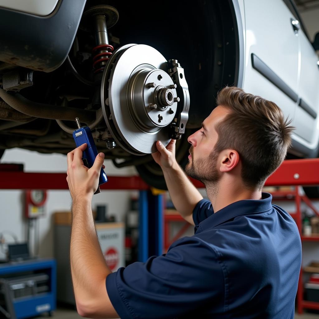 Mechanic inspecting car brakes in a garage