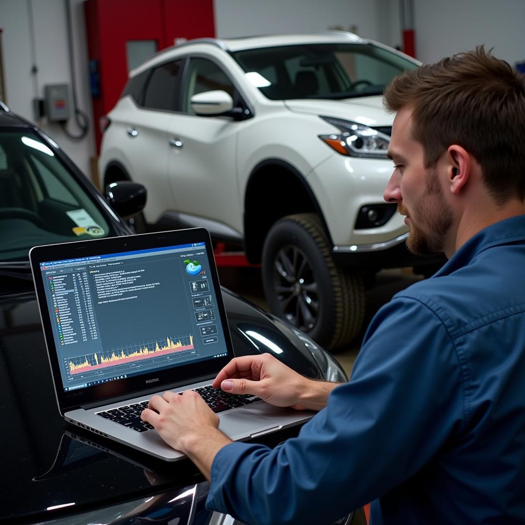 Mechanic Performing Remote Diagnostics on Nissan Murano