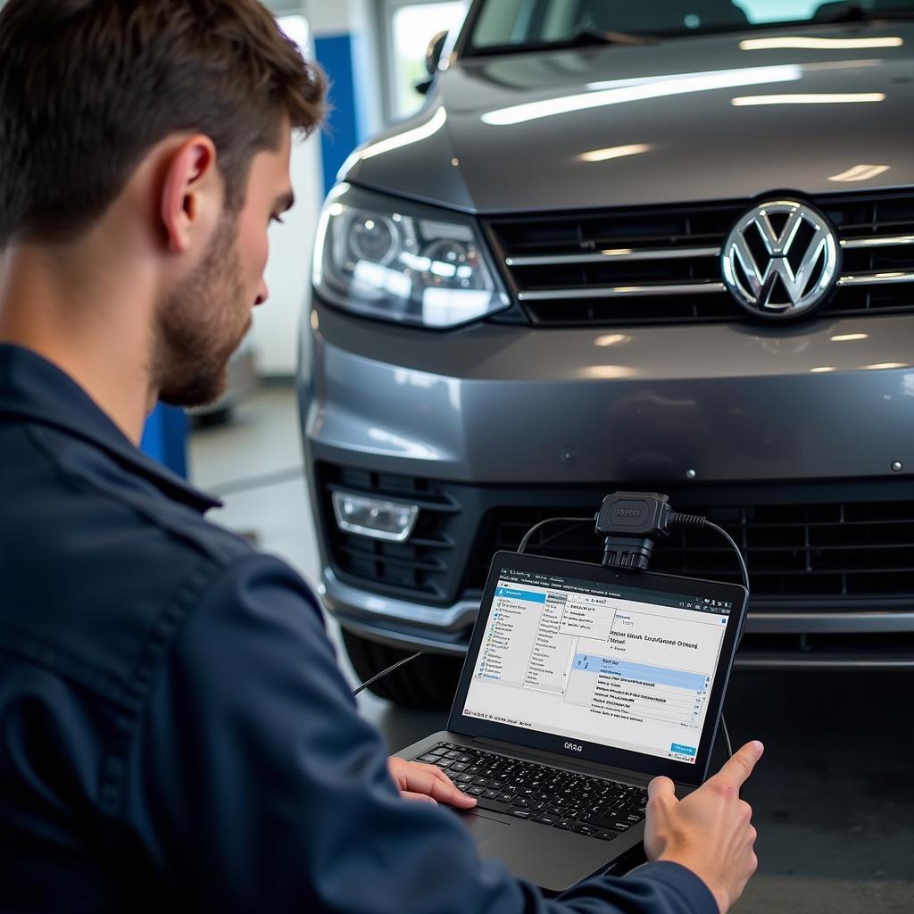 Mechanic Performing a VCDS Scan on a Volkswagen