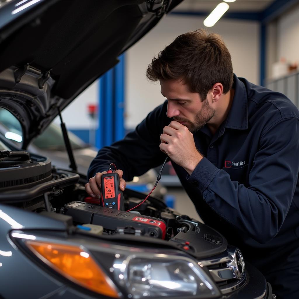 Mechanic testing car battery