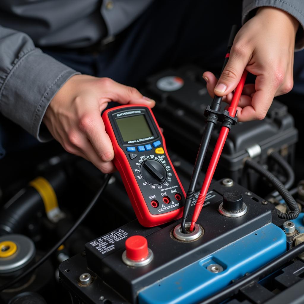 Mechanic Testing Car Battery with Multimeter