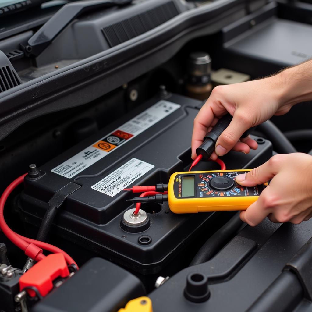 Mechanic Testing Car Battery with Multimeter