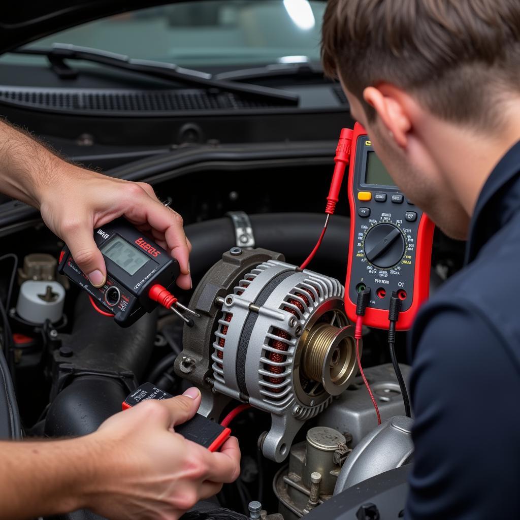 Mechanic Testing Mini R56 Alternator with Multimeter