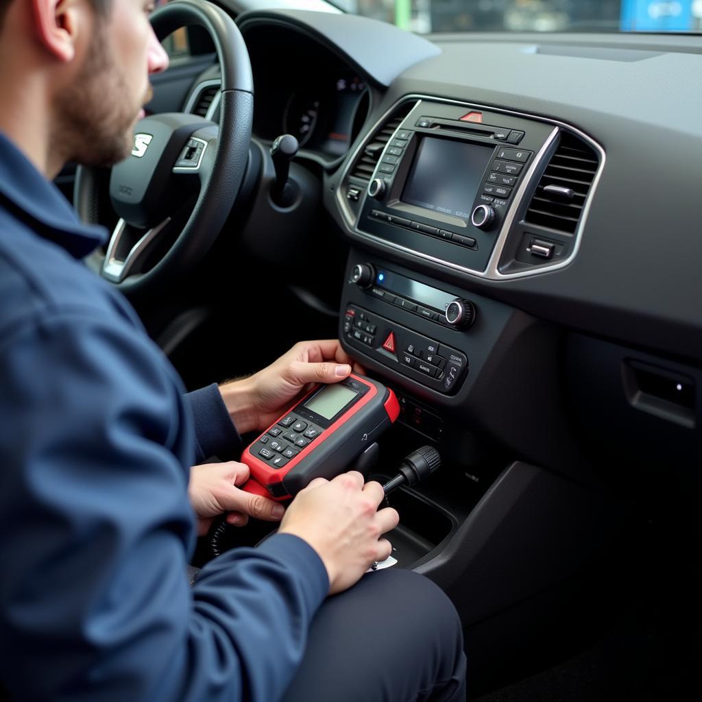 Mechanic using OBD-II Scanner on Seat Leon