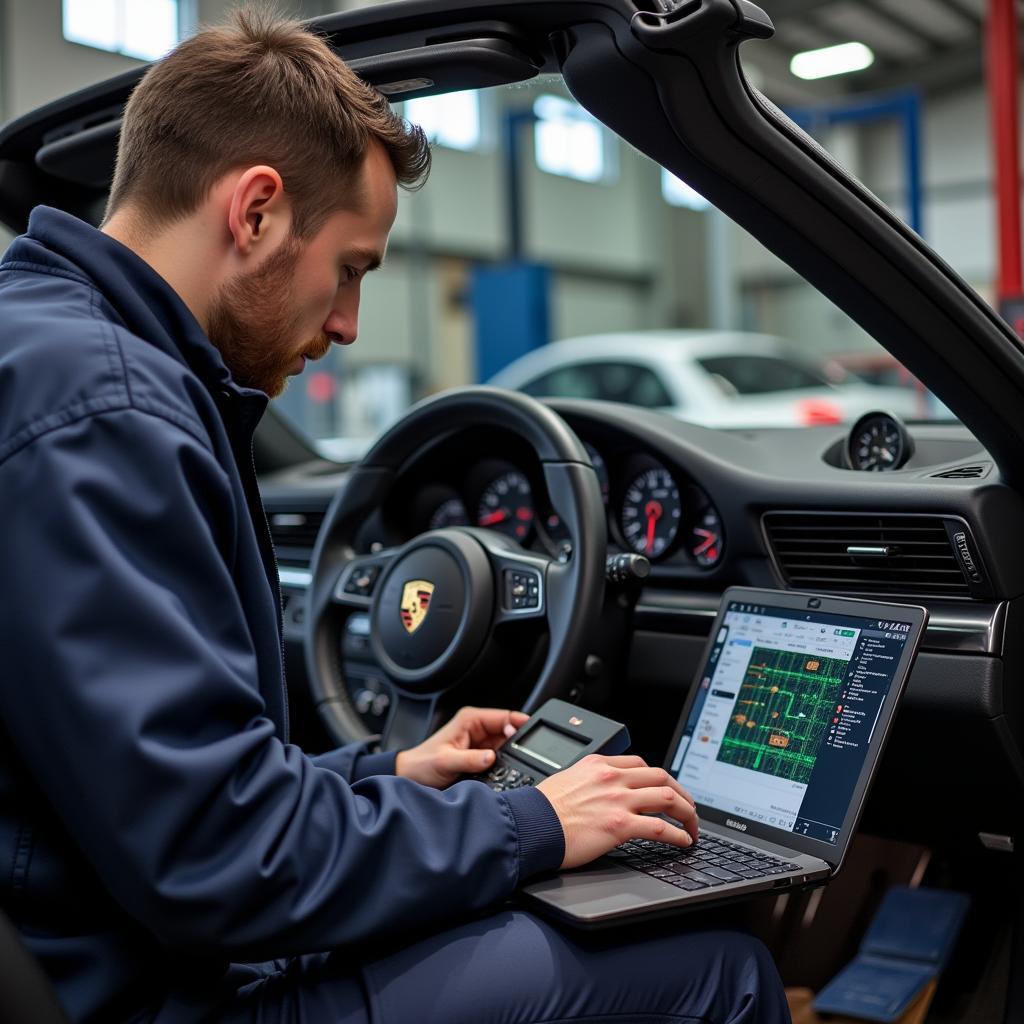 Mechanic Using a Porsche Diagnostic Tool