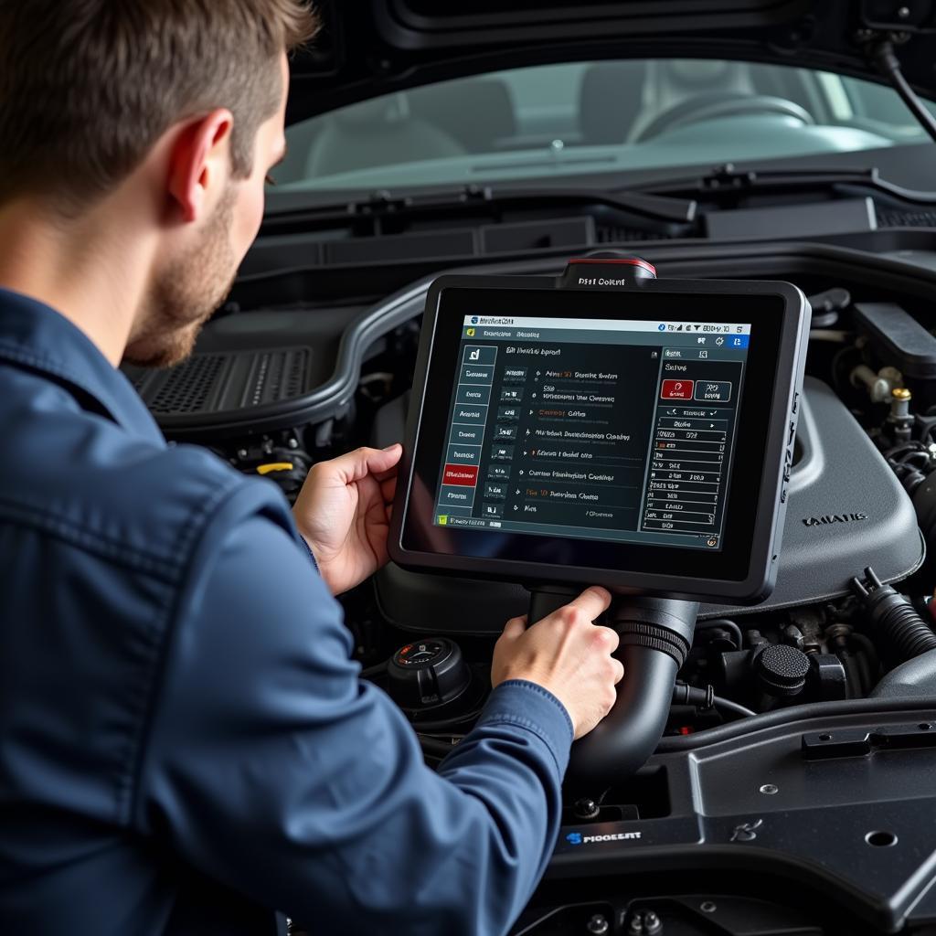 Mechanic diagnosing a Mercedes engine with a professional scan tool