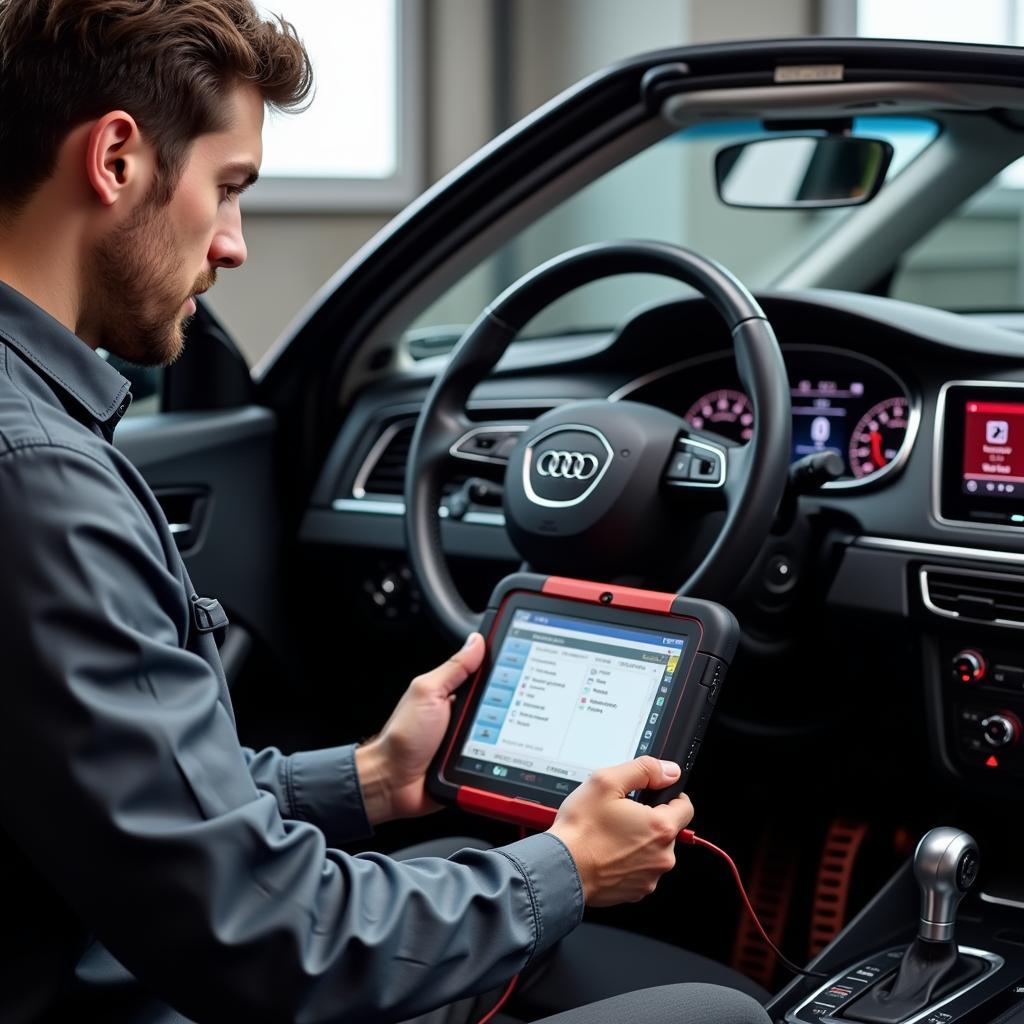 Mechanic Using VCDS Cable on Audi